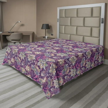 Ambesonne Floral Flat Sheet, Flowers and Mandala Art, California King, Mauve Green