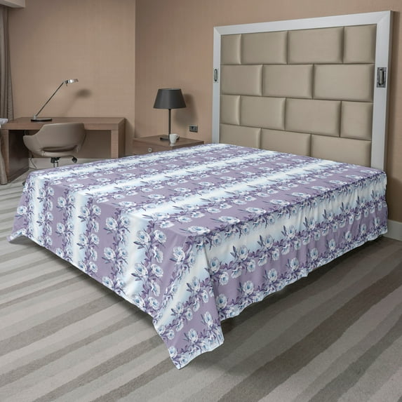 Ambesonne Floral Flat Bedding Sheet Soft Top Sheet, Vintage Flowers Romance Art, King, Pale Eggplant Soft Blue
