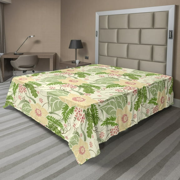 Floral Flat Sheet, Vintage Flowers Pointy Petals Leaves Motifs Pattern on Pale Background, Soft Comfortable Top Sheet Decorative Bedding 1 Piece, 6 Sizes, Cream Pistachio Green, by Ambesonne