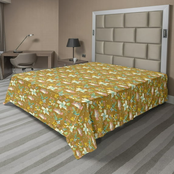 Ambesonne Floral Flat Sheet, Flowers Summer Blossoms Art, Full Size, Amber and Multicolor