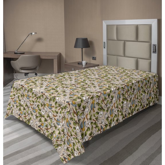 Ambesonne Floral Flat Sheet, Apple Blossoms and Birds, TwinXL Size, Pale Mustard and Multicolor