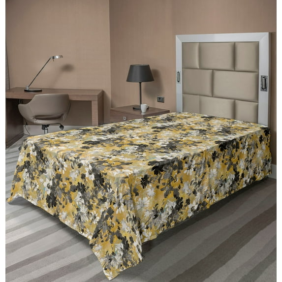 Ambesonne Floral Flat Bedding Sheet Soft Top Sheet, Summer Flowers Print Retro, Twin, Dark Yellow and Grey