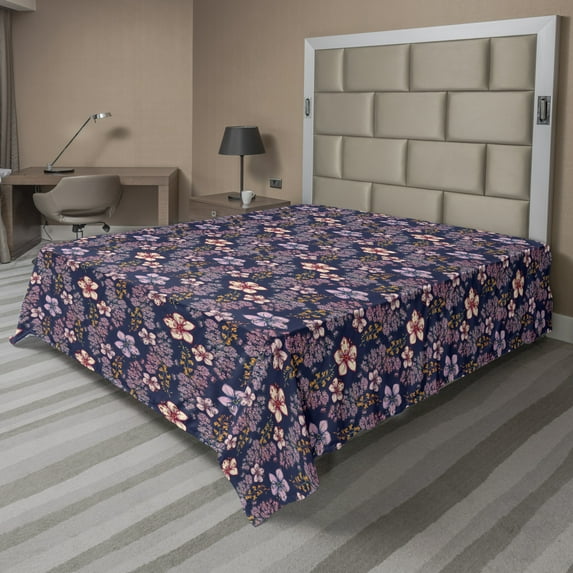 Ambesonne Floral Flat Sheet, Vintage Theme Spring Flowers, Full Size, Night Blue Pale Pink