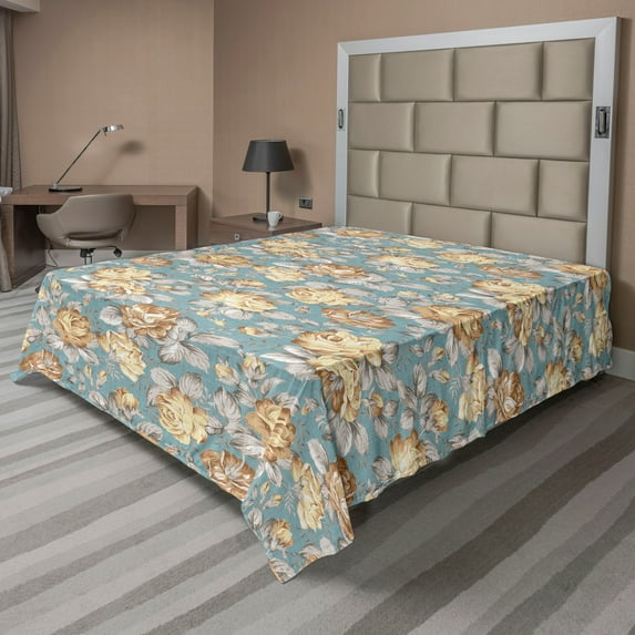 Ambesonne Floral Flat Bedding Sheet Soft Top Sheet, Vintage Vibe Rose Pattern, Full, Pale Grey Pastel Yellow