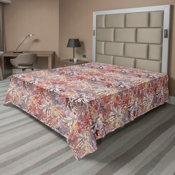Ambesonne Floral Flat Bedding Sheet Soft Top Sheet, Vintage Wild Aster Flowers, Full, Salmon Taupe Grey Violet
