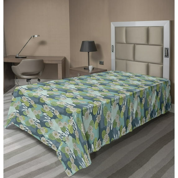 Ambesonne Floral Flat Sheet, Water Lilies on Wetlands, Twin Size, Multicolor