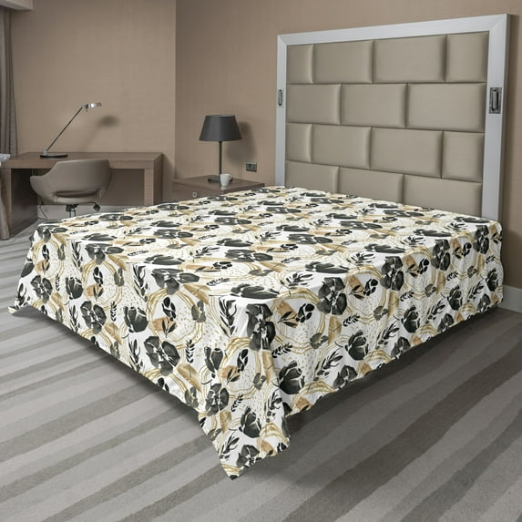 Ambesonne Floral Flat Bedding Sheet Soft Top Sheet, Watercolor Art Look Flowers, California King, Dark Grey and Pastel Brown