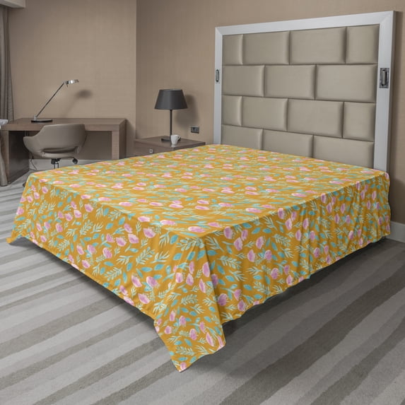 Floral Flat Sheet, Watercolor Artwork of Flower Branches with Leaves, Soft Comfortable Top Sheet Decorative Bedding 1 Piece, 6 Sizes, Marigold Deep Sky Blue, by Ambesonne