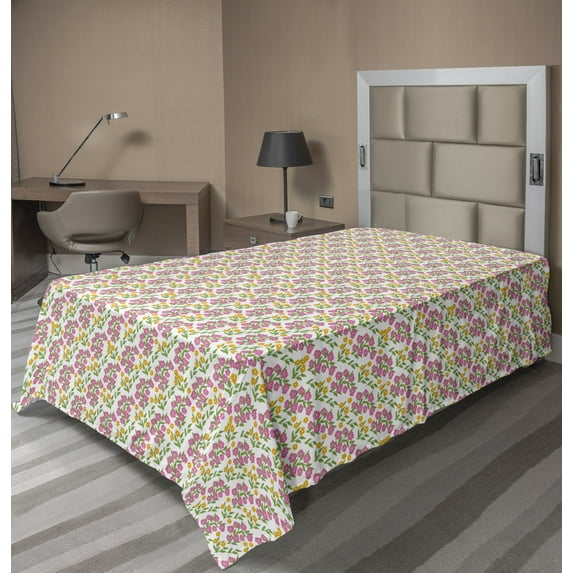 Floral Flat Sheet, Watercolor Depiction of Pink and Yellow Flowers in Repetitive Pattern, Soft Comfortable Top Sheet Decorative Bedding 1 Piece, 6 Sizes, White and Multicolor, by Ambesonne