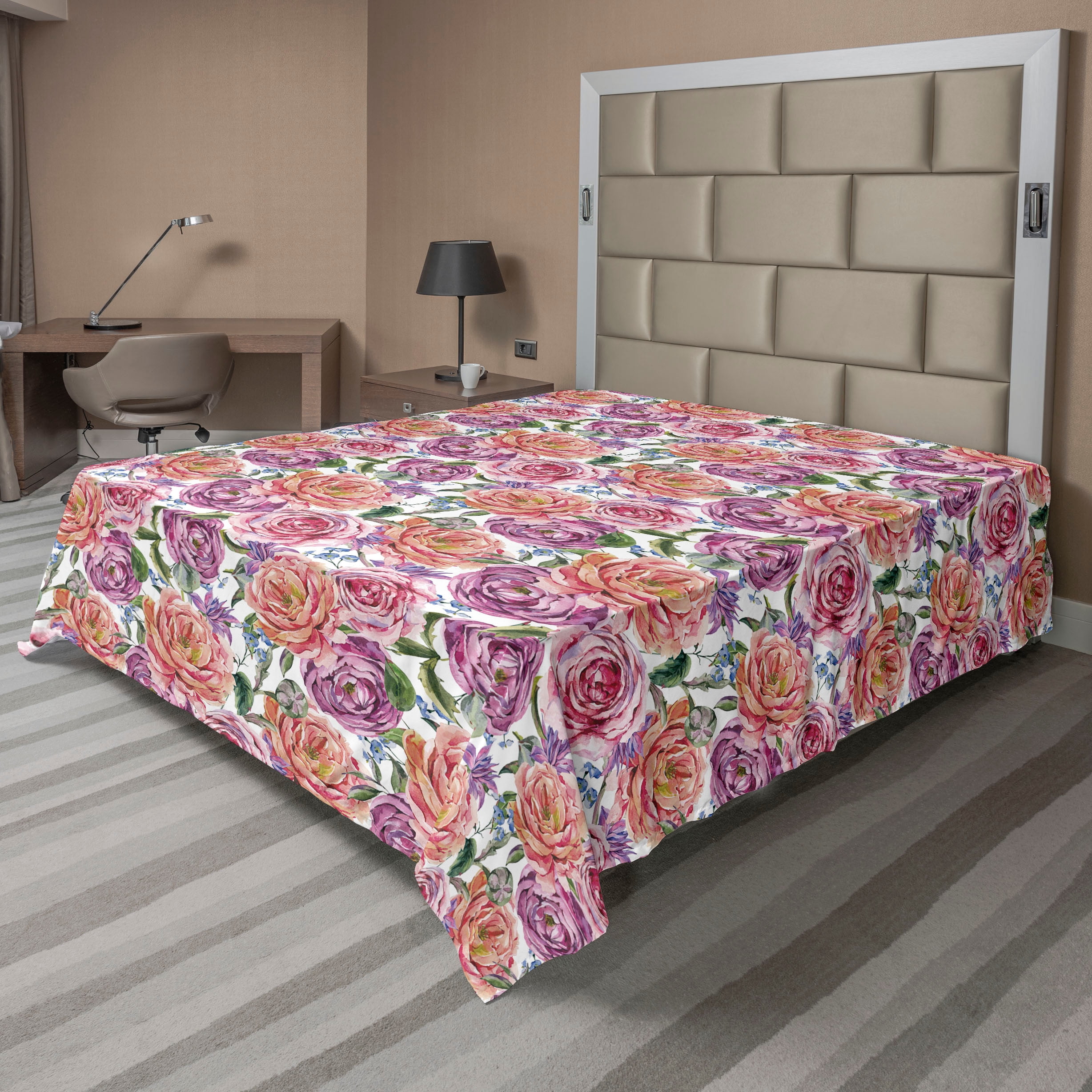 Floral Flat Sheet, Watercolor Design Blossoming Wild Peony Ornamental