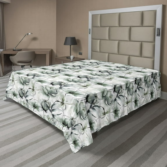 Ambesonne Floral Flat Bedding Sheet Soft Top Sheet, Summer Flowering Exotics Art, California King, Laurel Green and Pale Grey