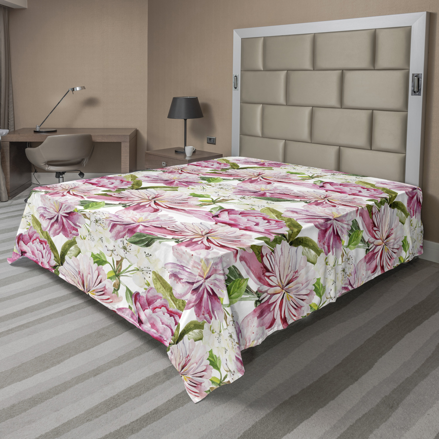 Floral Flat Sheet, Watercolor Style Blush Toned Flowers and Leaves Bouquet Spring Design Print