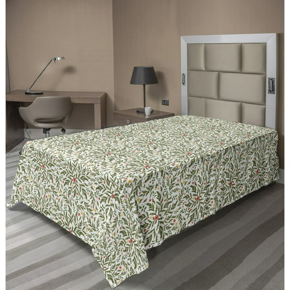 Floral Flat Sheet, Watercolor Style Burgeoning Spring Flowers and Leaves, Soft Comfortable Top Sheet Decorative Bedding 1 Piece, 6 Sizes, Olive Green Multicolor, by Ambesonne