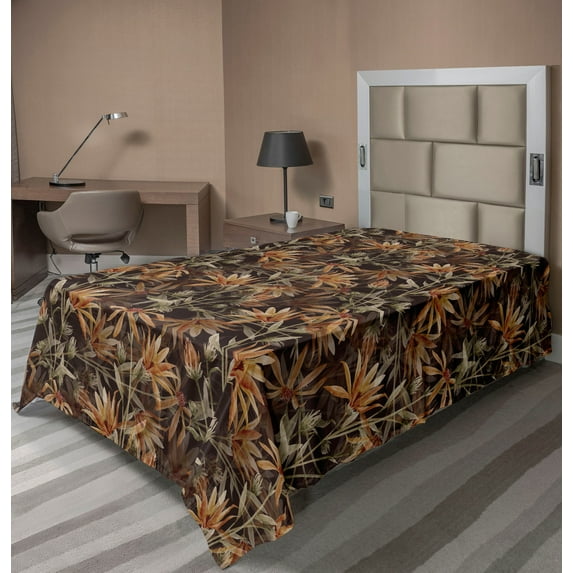 Ambesonne Floral Flat Bedding Sheet Soft Top Sheet, Wild Flowers Blurry Effect, Twin, Cinnamon Seal Brown and Sepia