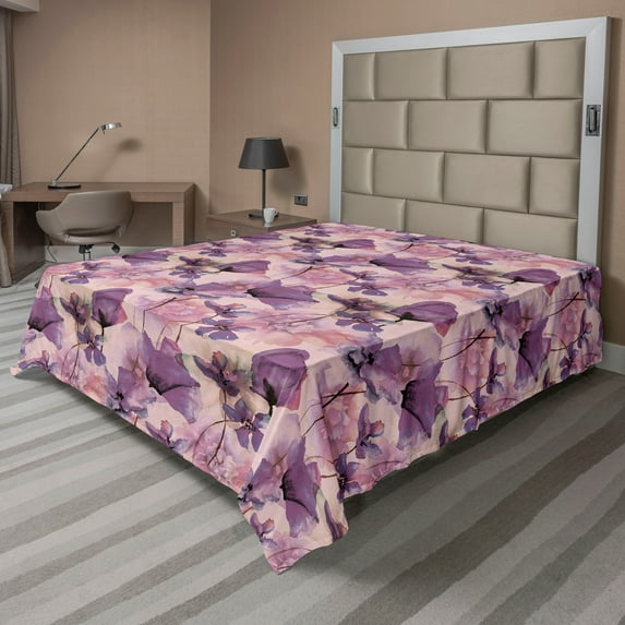 Ambesonne Floral Flat Bedding Sheet Soft Top Sheet, Art Wild Poppy Flowers Print, California King, Blush Violet and Lilac
