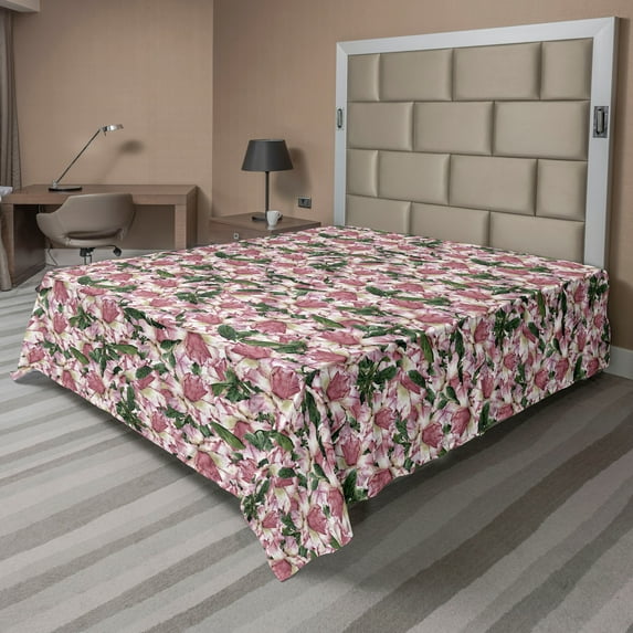 Ambesonne Floral Flat Bedding Sheet Soft Top Sheet, Wild Tulips Blooming Garden, Queen, Emerald and Dried Rose