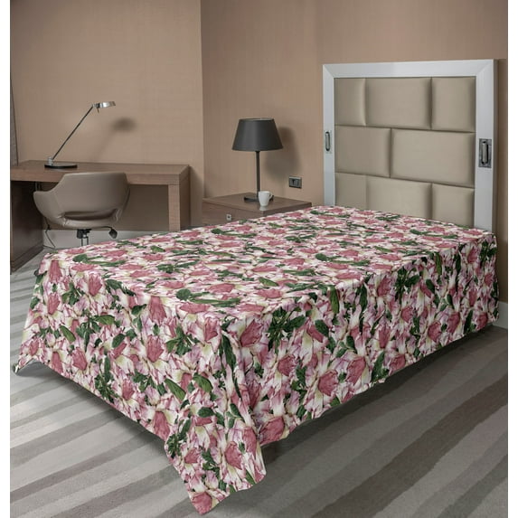 Floral Flat Sheet, Wild Tulips Blossoming Watercolor Style Ornament Jumble Garden of Petals, Soft Comfortable Top Sheet Decorative Bedding 1 Piece, Twin Size, Emerald and Dried Rose, by Ambesonne