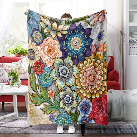 Floral Fleece Throw Blanket, Vibrant Color Boho Flowers Blossom Cozy Decor Throws for Sofa Bed Couch Chair or Dorm 40×50 inch