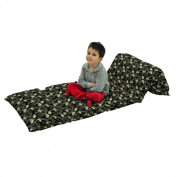 Floral Floor Pillow Lounger Cover, Flower Bouquets Field Blossoming Gardening Foliage Revival Feminine Pattern, Nap Mat Printed Fabric Case for 5 Pillows, 88" x 36", Cream and Black, by Ambesonne