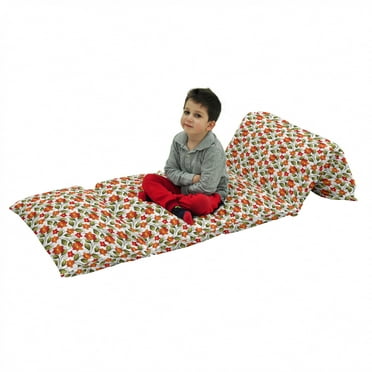 Floral Floor Pillow Lounger Cover, Lily Blooms Nature Herbs Doodle Style Flower and Foliage Arrangement, Nap Mat Printed Fabric Case for 5 Pillows, 88" x 27", Orange Olive Green White, by Ambesonne