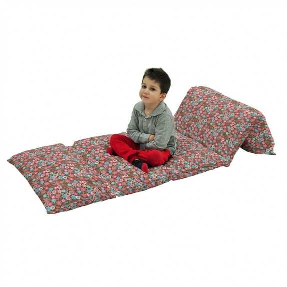 Floral Floor Pillow Lounger Cover, Vibrant Bunch of Various Flower Petals Florets Shabby Form Illustration, Nap Mat Printed Fabric Case for 5 Pillows, 88" x 27", Pink Brown and Teal, by Ambesonne