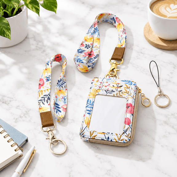 Floral Flower 2-in-1 ID Badge Holder & Lanyard Wallet with Wristlet and Neck Strap