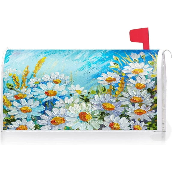Floral Flower Daisy Decoration Mailbox Cover with Magnetic Strip Spring Summer Mailbox Wraps Post Letter Box Cover Standard Size 21" X 18" for Garden Outdoor Yard Decor