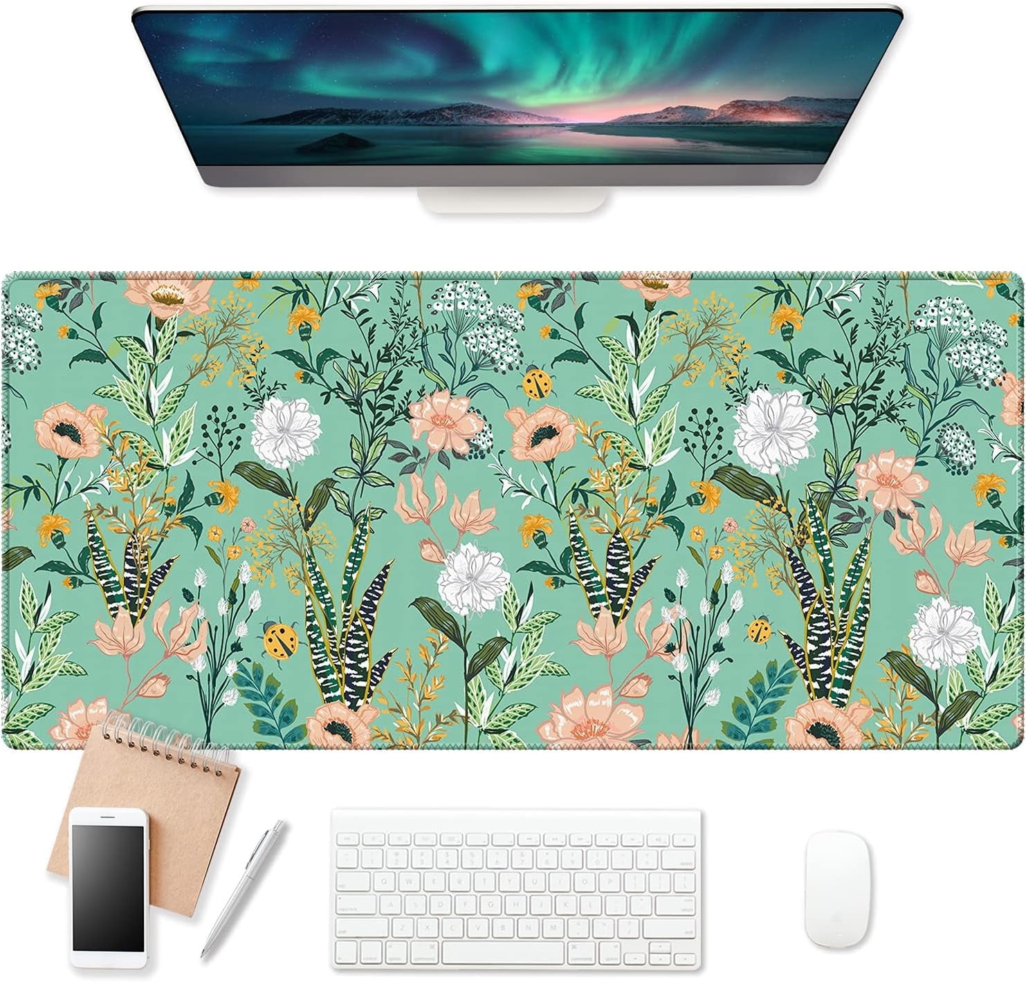Floral Flower Large Gaming Mouse Pad (35.4×15.7 in, 3mm Thick), Non-Slip Rubber Base and Reinforced Lock Edges, XXL Extended Mousepad for Work, Game, Desk mat, Desktop Decoration