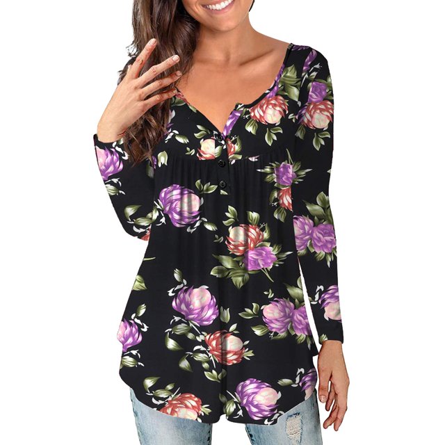Floral Flower Long Sleeve VNeck Big & Tall Tops Plus Size, Womens Plus