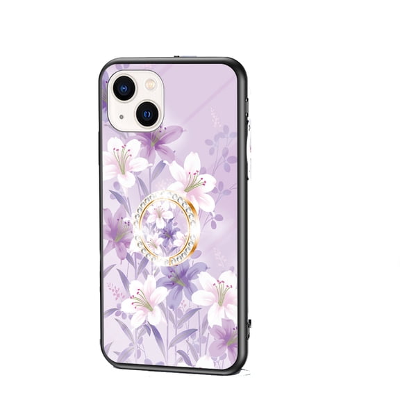 Floral Flower Pattern Diamond Case for iPhone 13 with Exquisite Glass Back,Anti-Slip,Anti-Scratch,Anti-Fingerprint Ring Holder Cute Slim Thin TPU Soft Bumper Protective Case Cover For iPhone 13,C