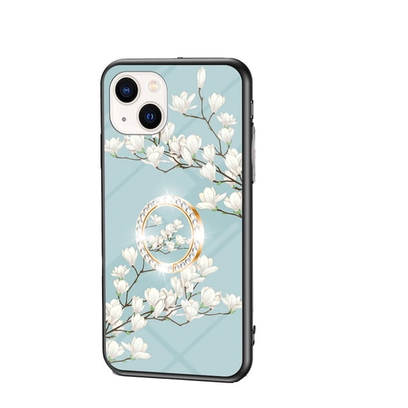 Floral Flower Pattern Diamond Case for iPhone 13 with Exquisite Glass Back,Anti-Slip,Anti-Scratch,Anti-Fingerprint Ring Holder Cute Slim Thin TPU Soft Bumper Protective Case Cover For iPhone 13,D