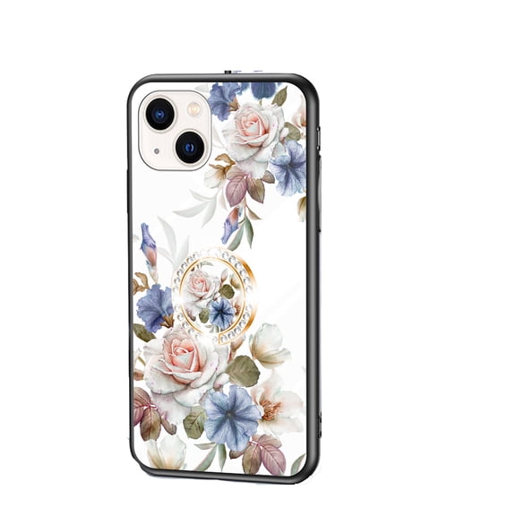 Floral Flower Pattern Diamond Case for iPhone 13 with Exquisite Glass Back,Anti-Slip,Anti-Scratch,Anti-Fingerprint Ring Holder Cute Slim Thin TPU Soft Bumper Protective Case Cover For iPhone 13,A