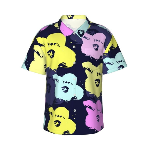 Floral Flower Pattern Hawaiian Shirts For Men, Summer Short-Sleeve Relaxed-Fit Button-Down Shirts Small