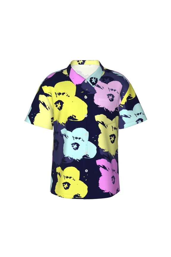 Floral Flower Pattern Hawaiian Shirts For Men, Summer Short-Sleeve Relaxed-Fit Button-Down Shirts Small