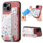 Floral Flower Pattern Zipper Wallet Case for iPhone 16 Pro Max 6.5" with Card Slots & Kickstand & RFID Blocking, Slim PU