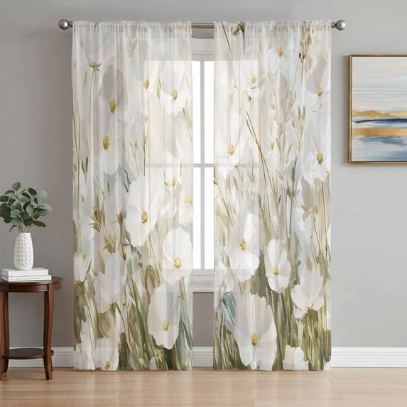 Floral Flower Semi Sheer Curtains 84 Inch Length 2 Panels Set, Modern Oil Painting Watercolor White Sheer Kitchen Curtain Privacy Voile Window Curtain for Living Room Bedroom Rod Pocket Drapes