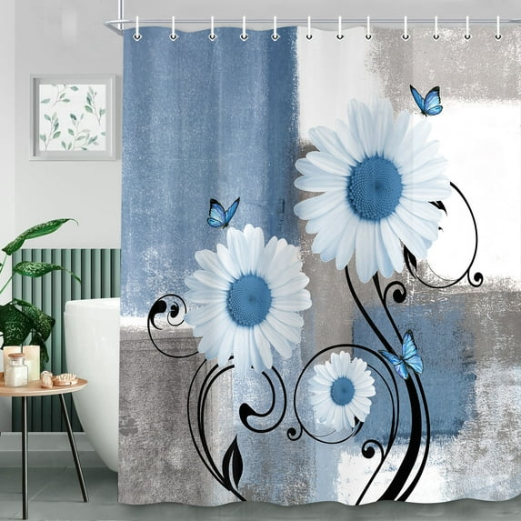 Floral Flower Shower Curtain, Daisy on Blue Gray White Abstract Modern Bakcground Fabric Shower Curtains,Rustic Bathroom Curtain Liner with Hooks,69X84in