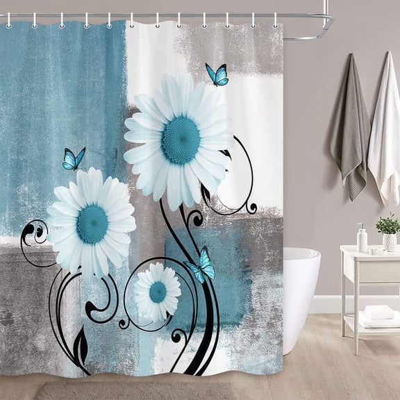 Floral Flower Shower Curtain, Daisy on Teal Gray White Abstract Modern Bakcground Fabric Shower Curtains, Bathroom Curtain Liner with Hooks 54X70inches