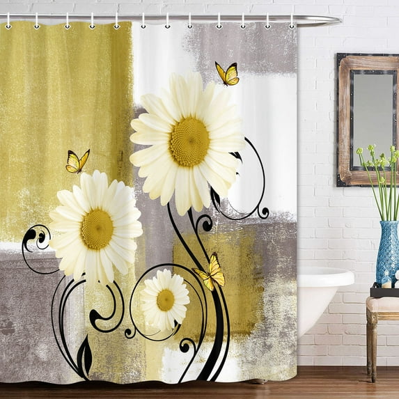 Floral Flower Shower Curtain, Daisy on Yellow Gray White Abstract Modern Bakcground Fabric Shower Curtains, Bathroom Curtain Liner with Hooks,69X96in
