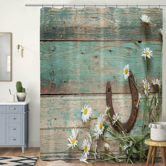 Floral Flower Shower Curtain, Teal Rustic Wooden Farm Farmhouse Western Horseshoe Daisy on Country Wooden Plank Shower Curtain Set, Fabric Shower Curtains with Hooks 72 x 72 Inch