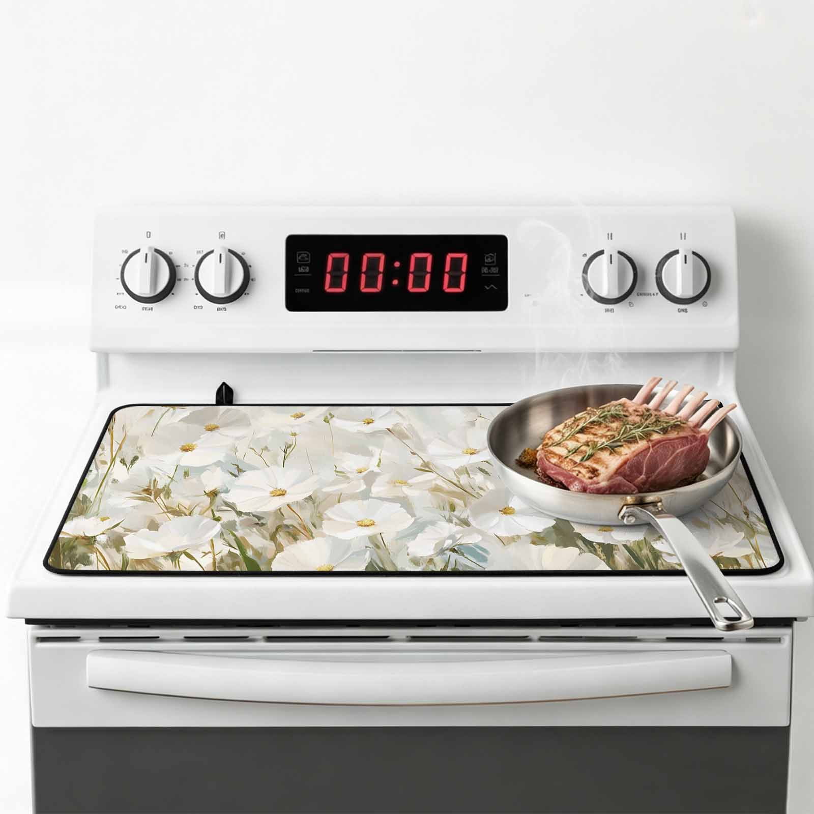 Floral Flower Stove Top Cover for Electric Stove, Heat-proof & Non Slip Glass Top Stove Cover Protector, Modern Oil Painting Watercolor White Kitchen Flat Cooktop Rubber Mat 24x21 Inches