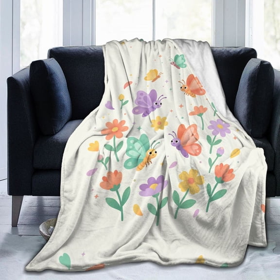 Floral Flower Throw Blanket, Spring Botanical Plant Design, Watercolor Butterfly, Flannel Fleece, Cozy Fuzzy Blanket for Bed, Chair, Couch 50x40