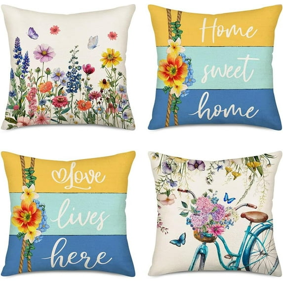 Floral Flowers Hydrangea Bike Decor Throw Pillow Covers 18x18 Set of 4, Spring Summer Home Sweet Home Bicycle Porch Patio Outdoor Pillowcase Bloom Sofa Cushion Case Home Decor