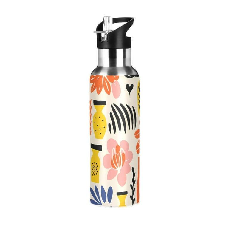 Floral Flowers Water Bottles Kids Insulated Thermos Stainless Steel Bottle  with Straw Lid Flask Leakproof for Sports Gym 20 oz 