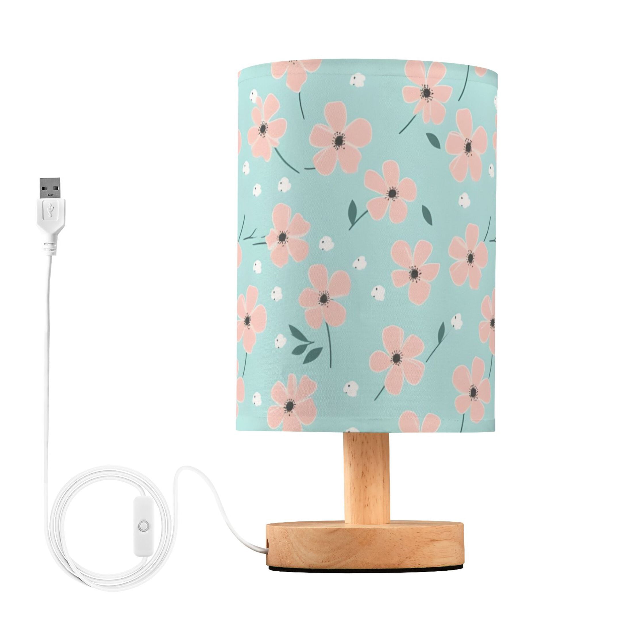 Floral Flowers on Blue Bedside Table Lamp LED Warm Lights with USB ...