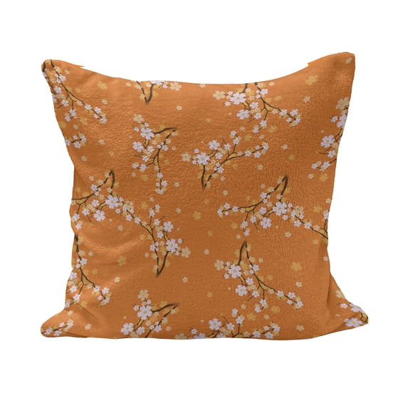 Floral Fluffy Throw Pillow Cushion Cover, Blooming Cherry Tree Flowers on Branches Spring Season Nature Theme Pattern, Decorative Square Pillow Case, 18" x 18", Orange White Brown, by Ambesonne