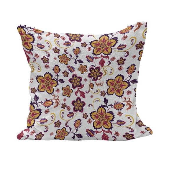 Floral Fluffy Throw Pillow Cushion Cover, Blossoming Flowers Pattern in Vibrant Colors Ornamental Design Print, Decorative Square Accent Pillow Case, 26" x 26", Yellow Purple Magenta, by Ambesonne