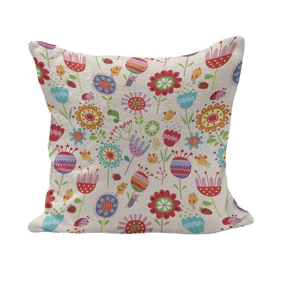 Floral Fluffy Throw Pillow Cushion Cover, Cartoon Drawing Style Ladybug Strawberry Bird Caterpillar Vibrant Colored Characters, Decorative Square Pillow Case, 28" x 28", Multicolor, by Ambesonne