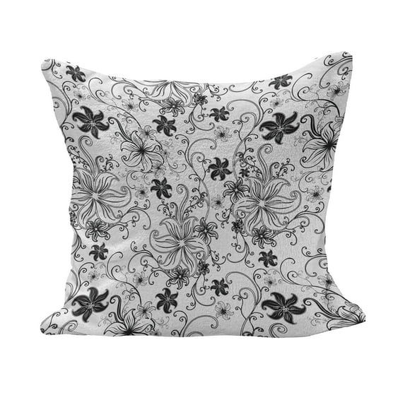 Floral Fluffy Throw Pillow Cushion Cover, Flowers Leaves Twirled Swirls Buds Nature Romantic Design Art Print, Decorative Square Accent Pillow Case, 24" x 24", Black and White, by Ambesonne