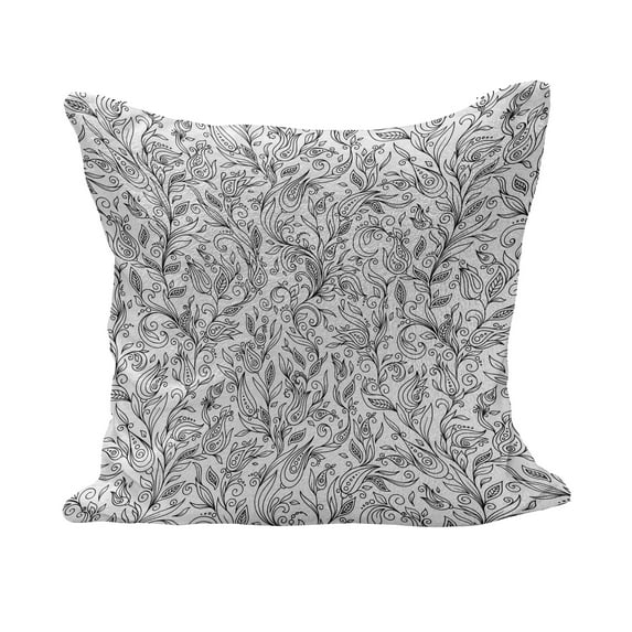 Floral Fluffy Throw Pillow Cushion Cover, Flowers Swirls Ivy with Leaves Eastern Modern Paisley Inspired Image Sketch Art, Decorative Square Pillow Case, 16" x 16", Black and White, by Ambesonne